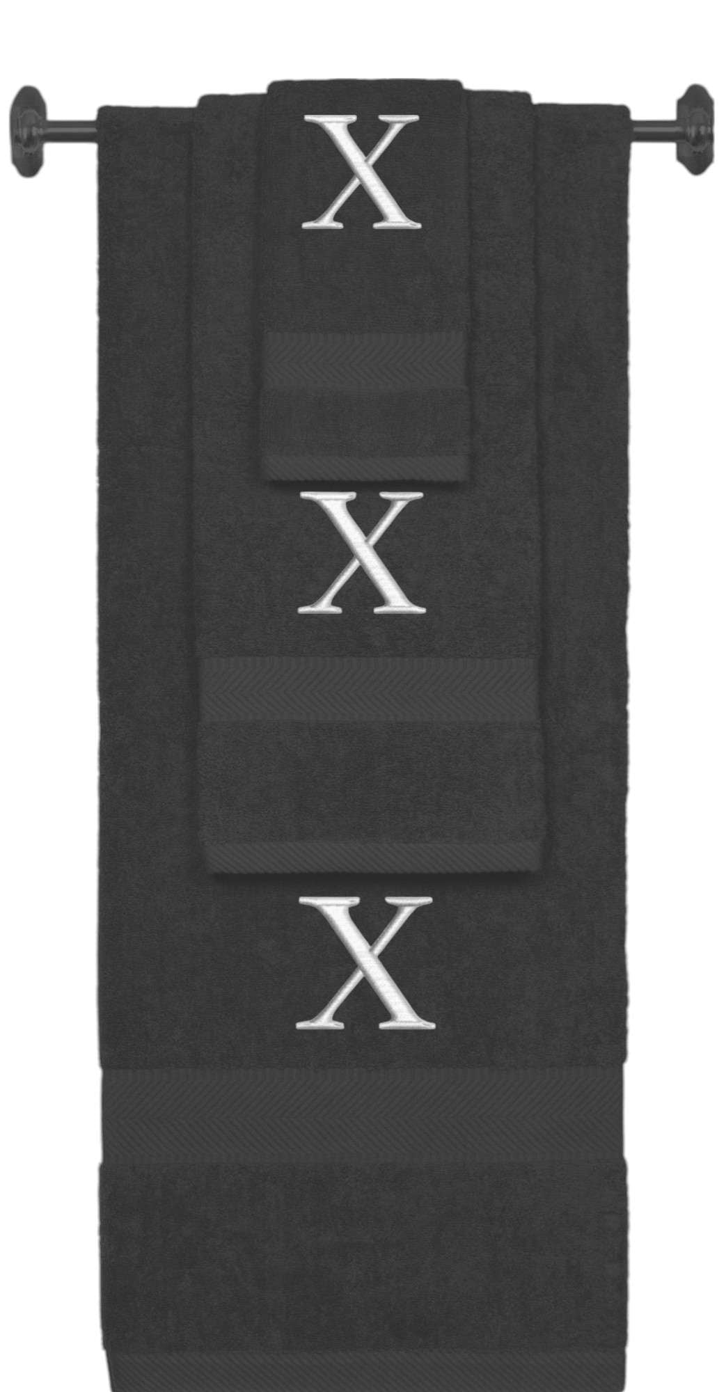 Charcoal monogrammed towel set with Silver thread, Times New Roman font, initial X - 540 GSM cotton 3-piece