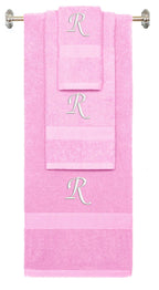 Pink monogrammed towel set with White thread, Chancery font, initial R - 540 GSM cotton 3-piece