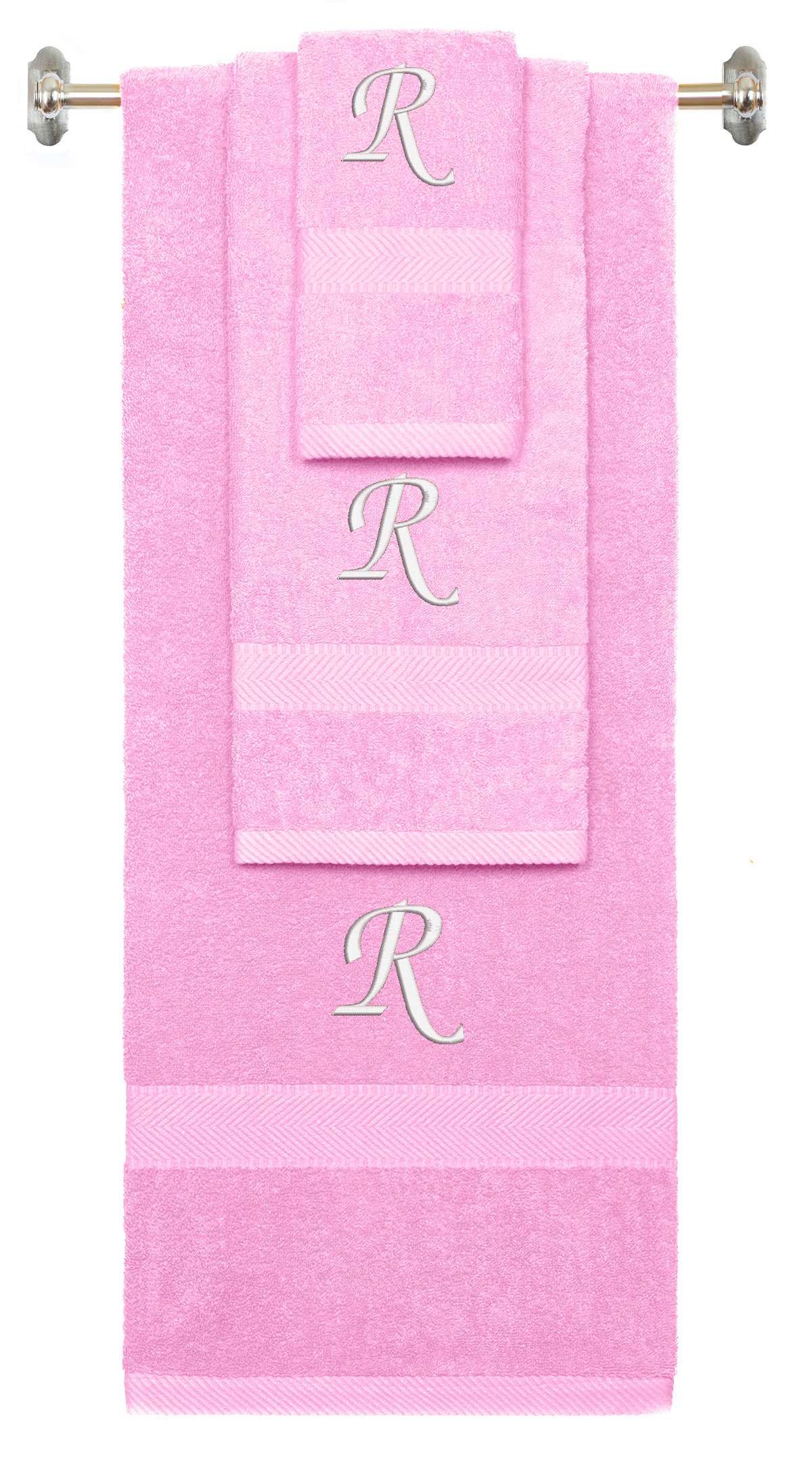 Pink monogrammed towel set with White thread, Chancery font, initial R - 540 GSM cotton 3-piece