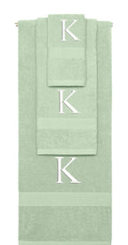 Mint Green monogrammed towel set with White thread, Times New Roman font, initial K - 540 GSM cotton 3-piece