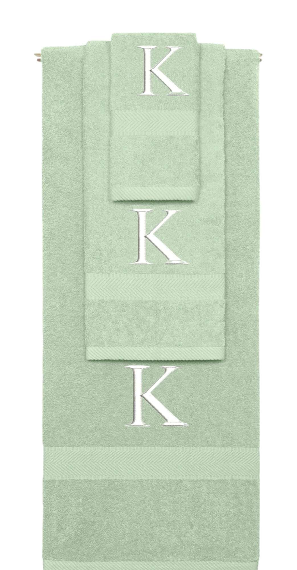 Mint Green monogrammed towel set with White thread, Times New Roman font, initial K - 540 GSM cotton 3-piece