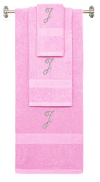 Pink monogrammed towel set with Silver thread, Diana Script font, initial J - 540 GSM cotton 3-piece