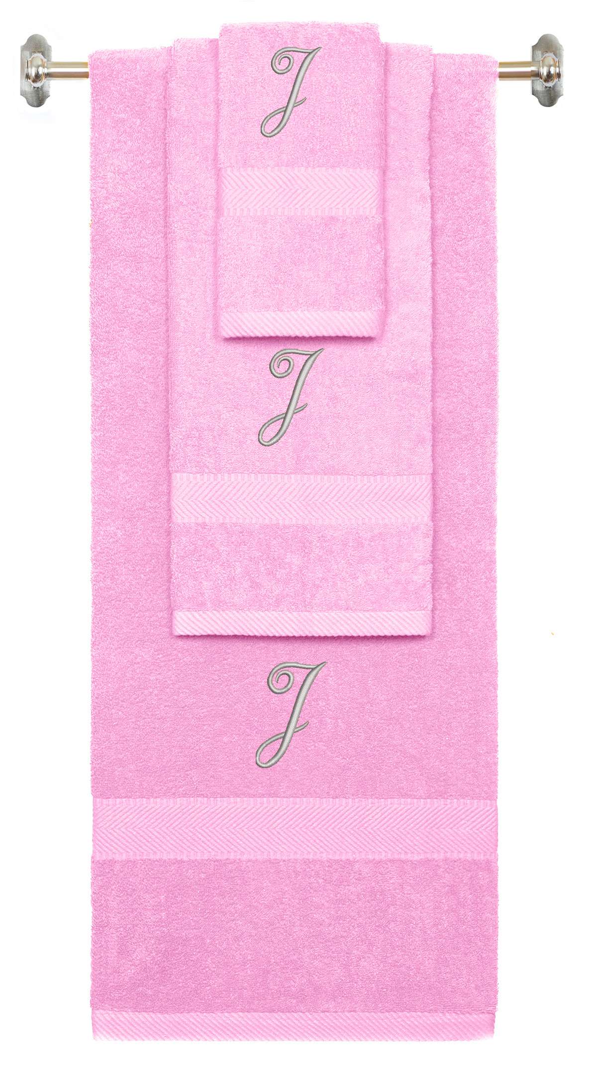Pink monogrammed towel set with Silver thread, Diana Script font, initial J - 540 GSM cotton 3-piece