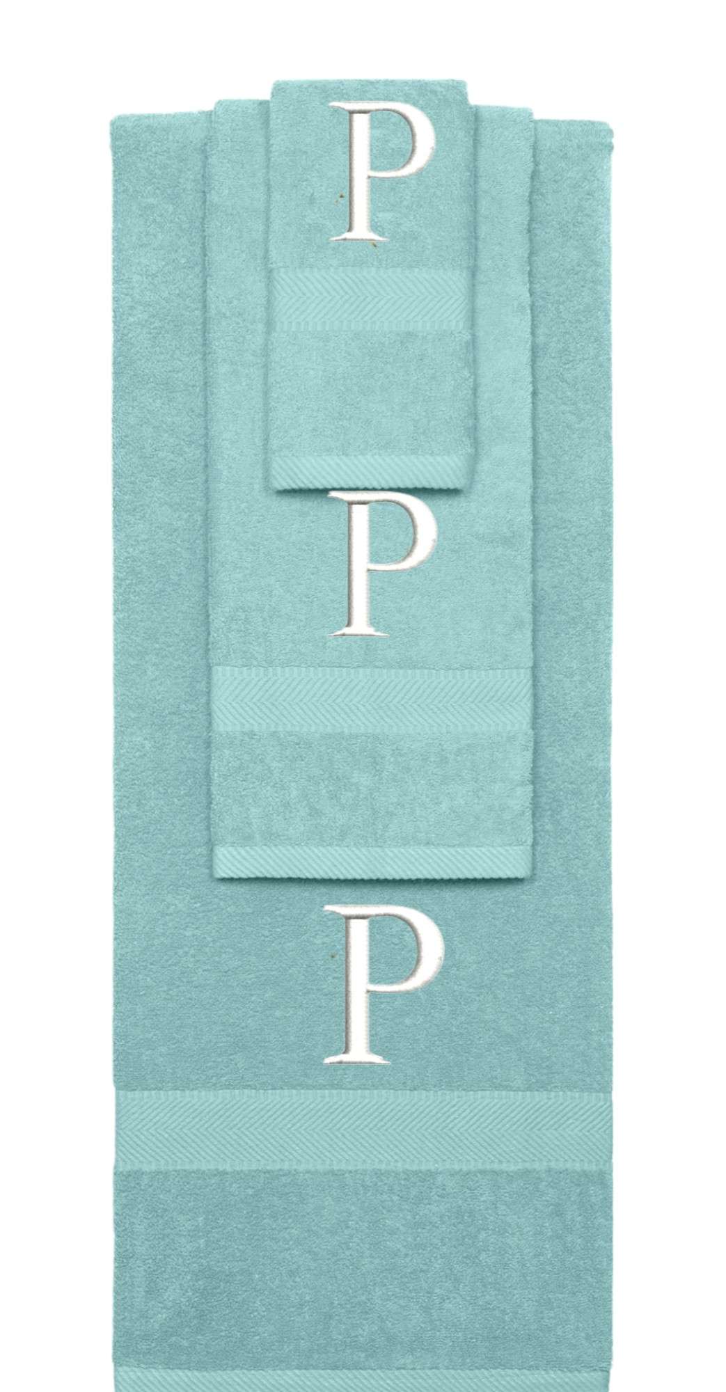 Nautical Teal monogrammed towel set with White thread, Times New Roman font, initial P - 540 GSM cotton 3-piece