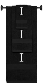 Black monogrammed towel set with Silver thread, Times New Roman font, initial I - 540 GSM cotton 3-piece