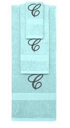 Nautical Teal monogrammed towel set with Black thread, Diana Script font, initial C - 540 GSM cotton 3-piece