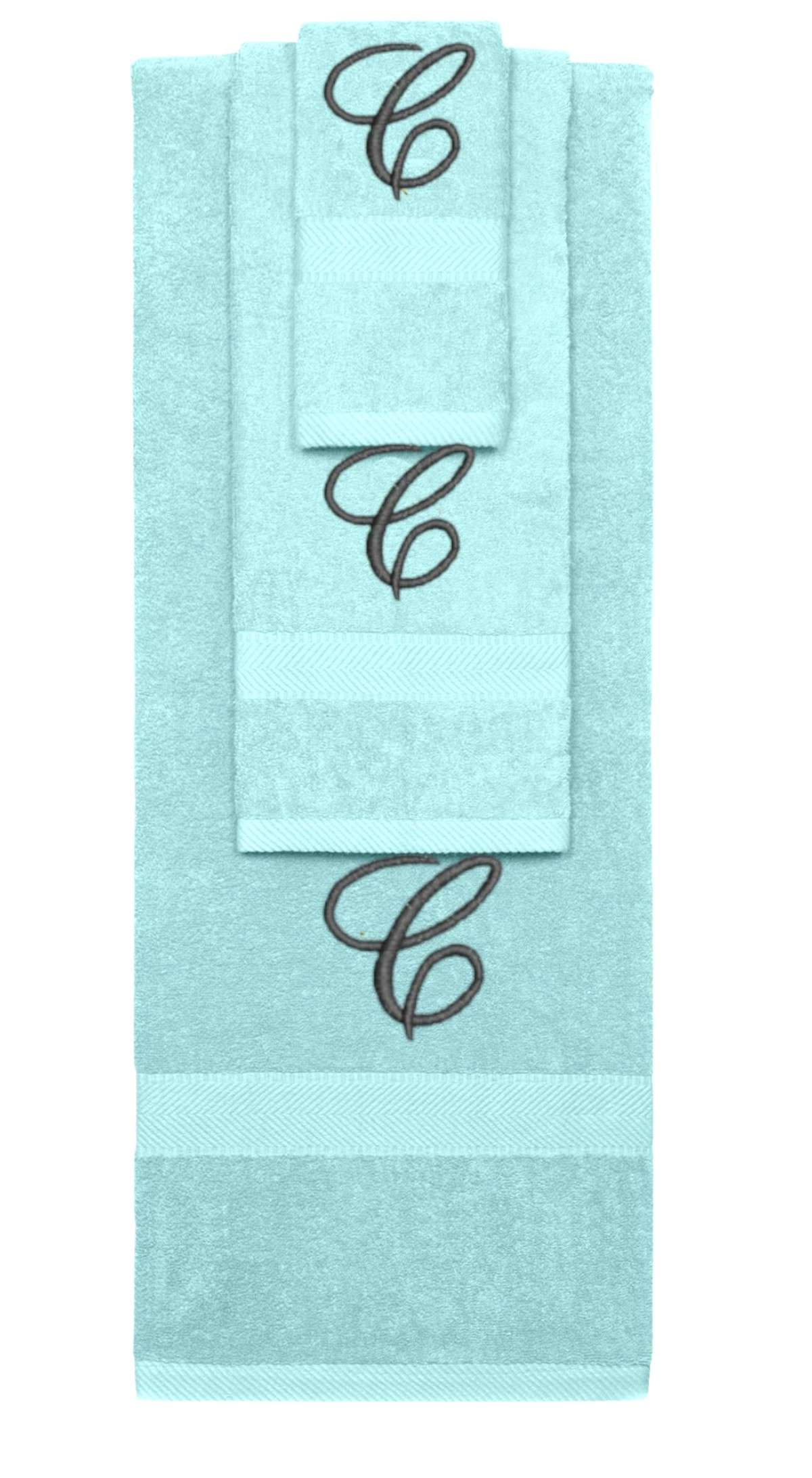 Nautical Teal monogrammed towel set with Black thread, Diana Script font, initial C - 540 GSM cotton 3-piece