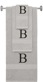Silver monogrammed towel set with Black thread, Times New Roman font, initial B - 540 GSM cotton 3-piece