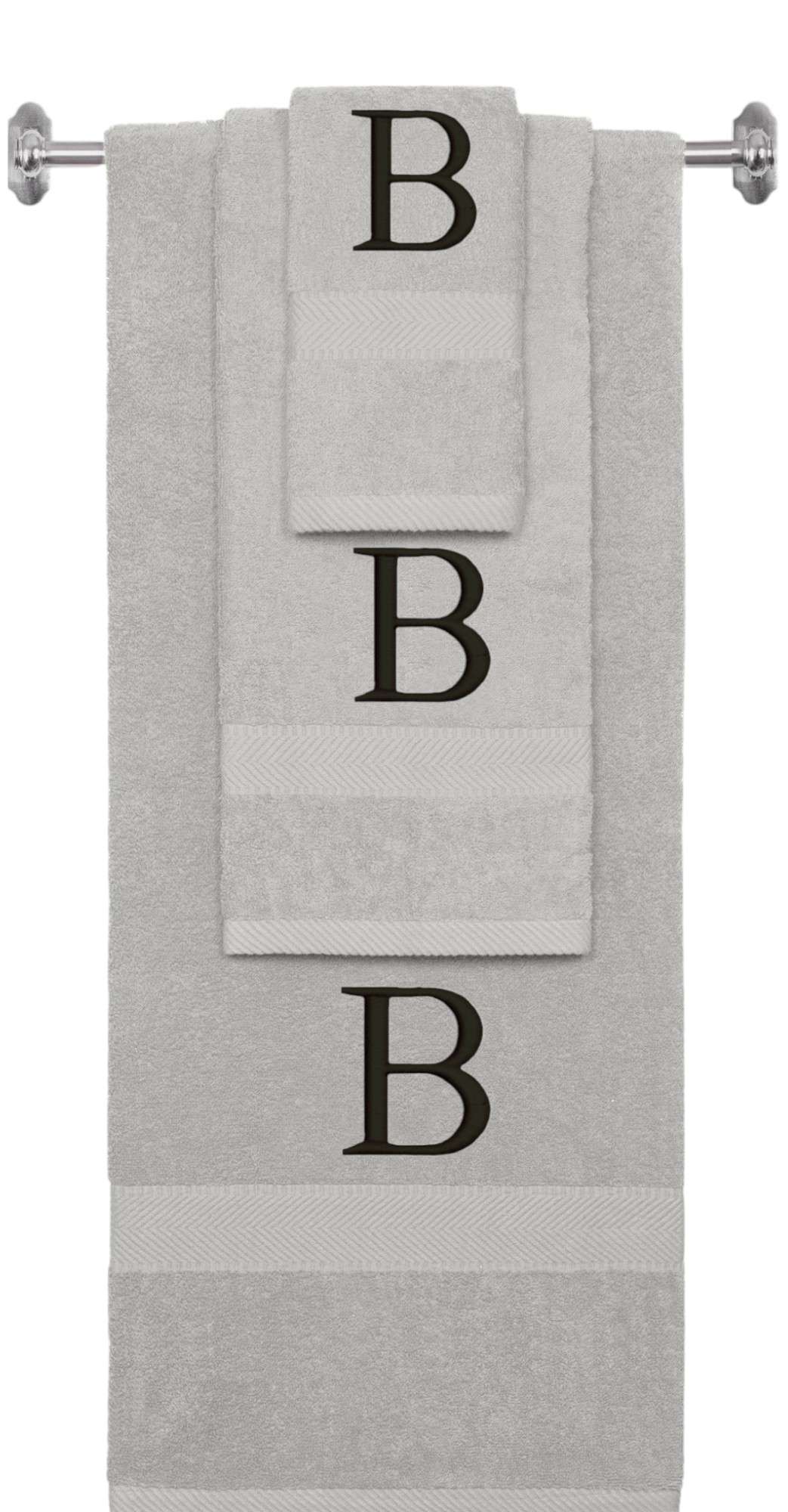 Silver monogrammed towel set with Black thread, Times New Roman font, initial B - 540 GSM cotton 3-piece