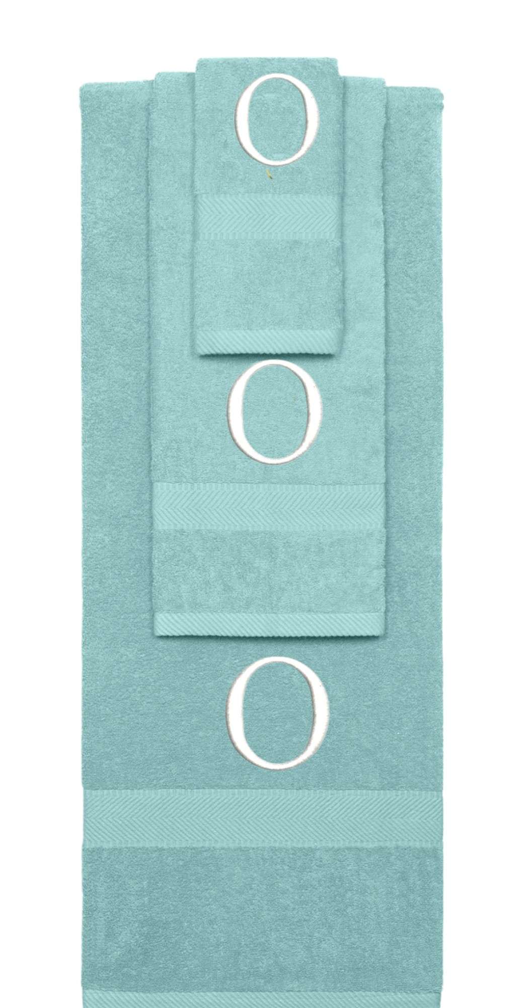 Nautical Teal monogrammed towel set with White thread, Times New Roman font, initial O - 540 GSM cotton 3-piece