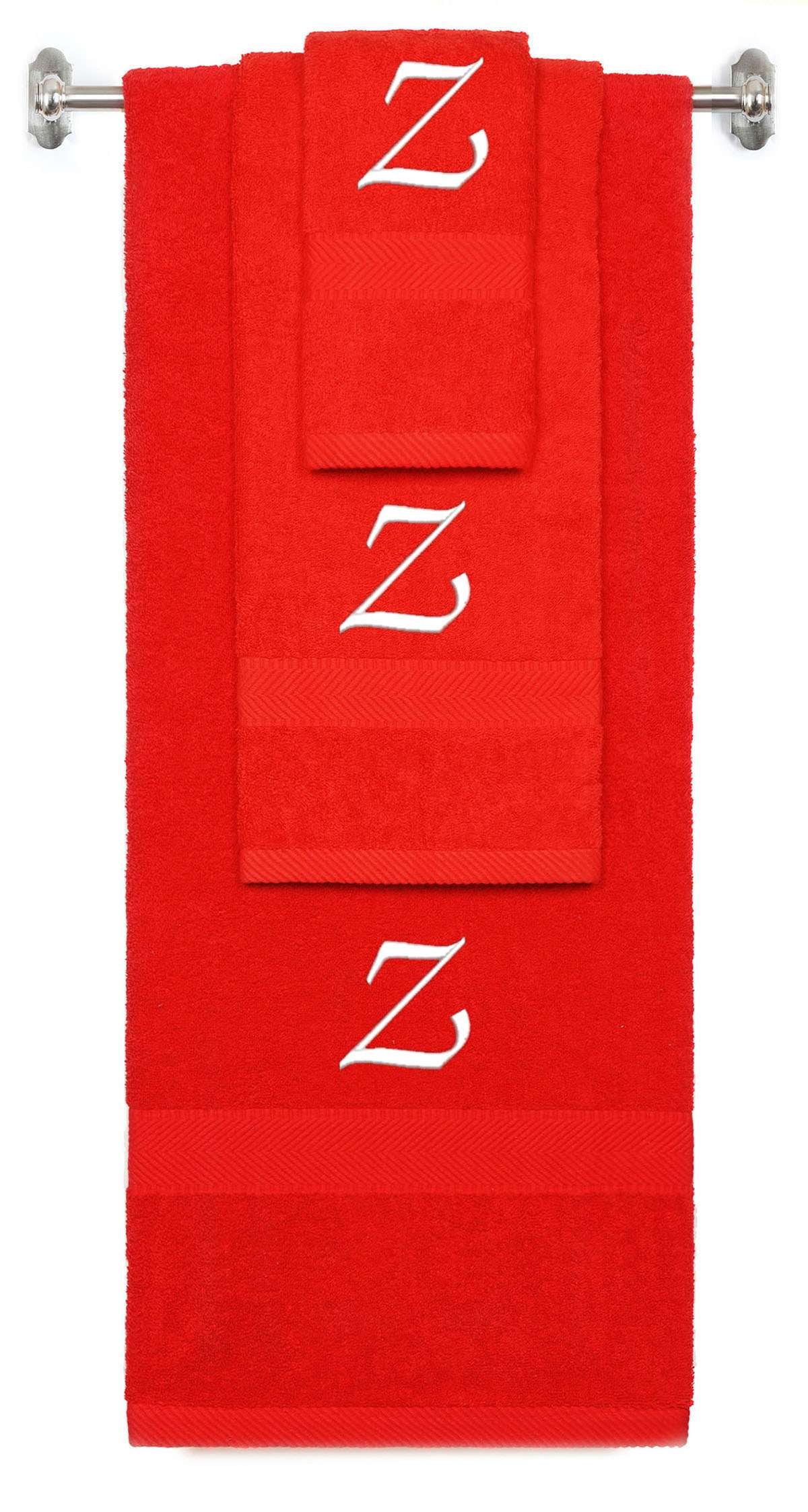 Red monogrammed towel set with White thread, Chancery font, initial Z - 540 GSM cotton 3-piece