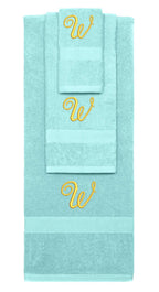 Nautical Teal monogrammed towel set with Gold thread, Diana Script font, initial W - 540 GSM cotton 3-piece