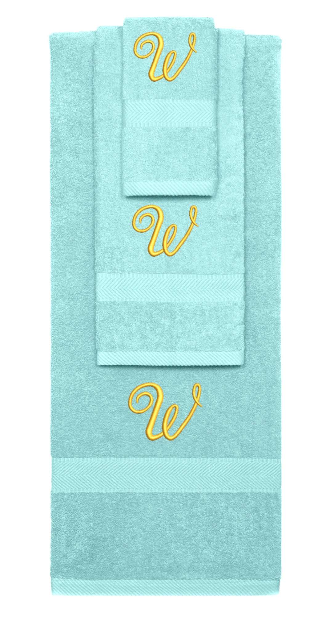 Nautical Teal monogrammed towel set with Gold thread, Diana Script font, initial W - 540 GSM cotton 3-piece