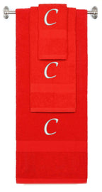 Red monogrammed towel set with Silver thread, Chancery font, initial C - 540 GSM cotton 3-piece