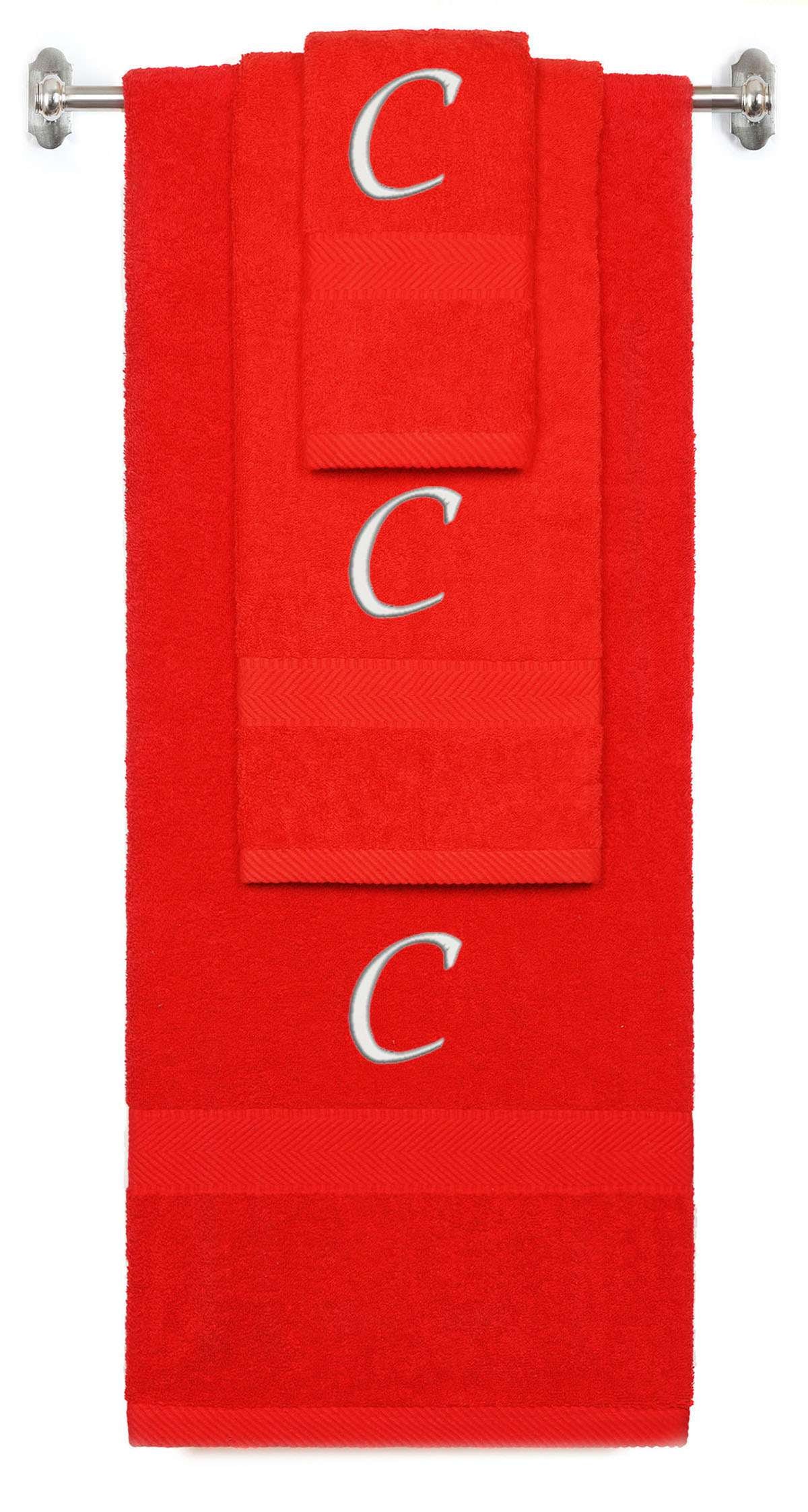 Red monogrammed towel set with Silver thread, Chancery font, initial C - 540 GSM cotton 3-piece