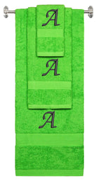 Lime monogrammed towel set with Black thread, Chancery font, initial A - 540 GSM cotton 3-piece