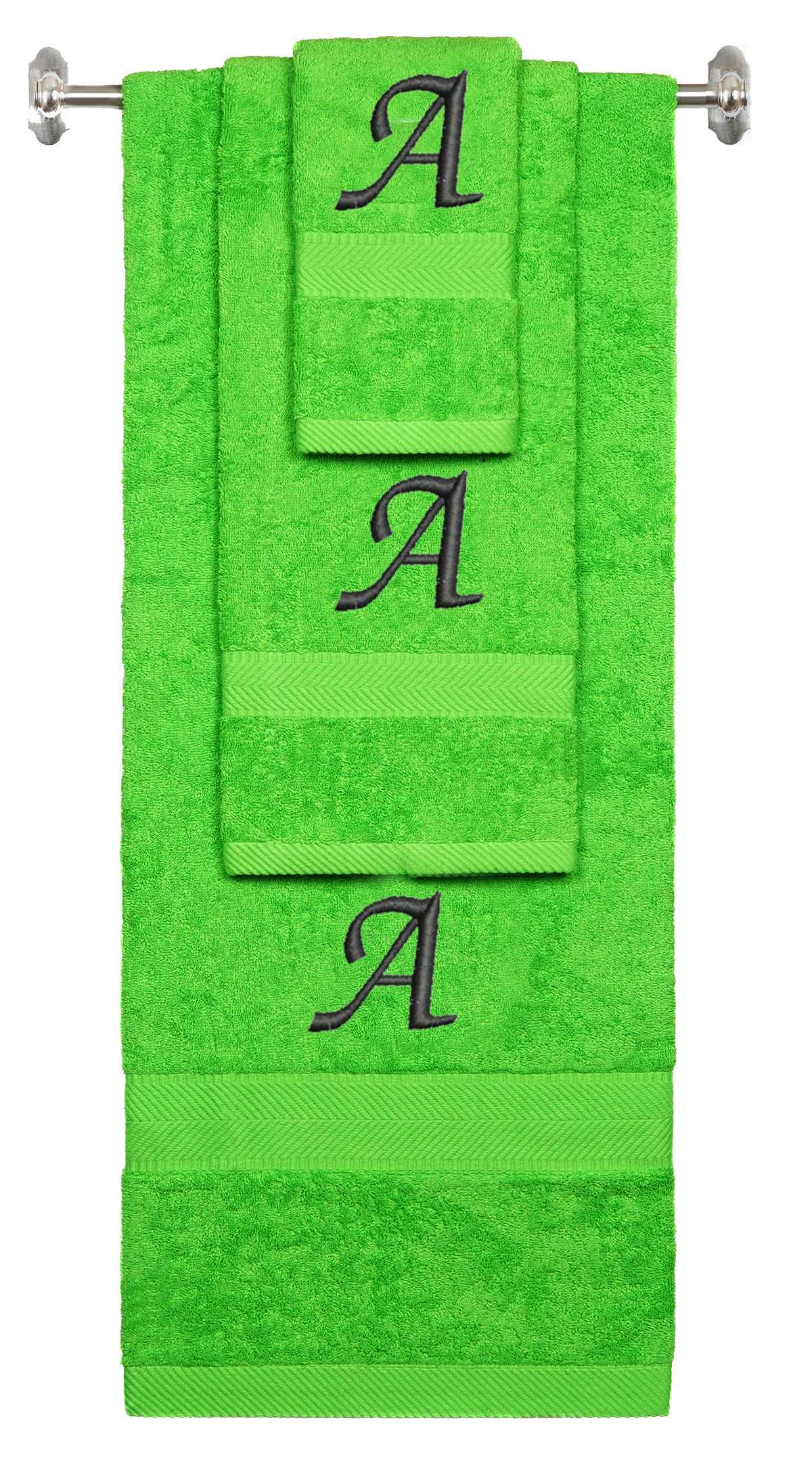 Lime monogrammed towel set with Black thread, Chancery font, initial A - 540 GSM cotton 3-piece