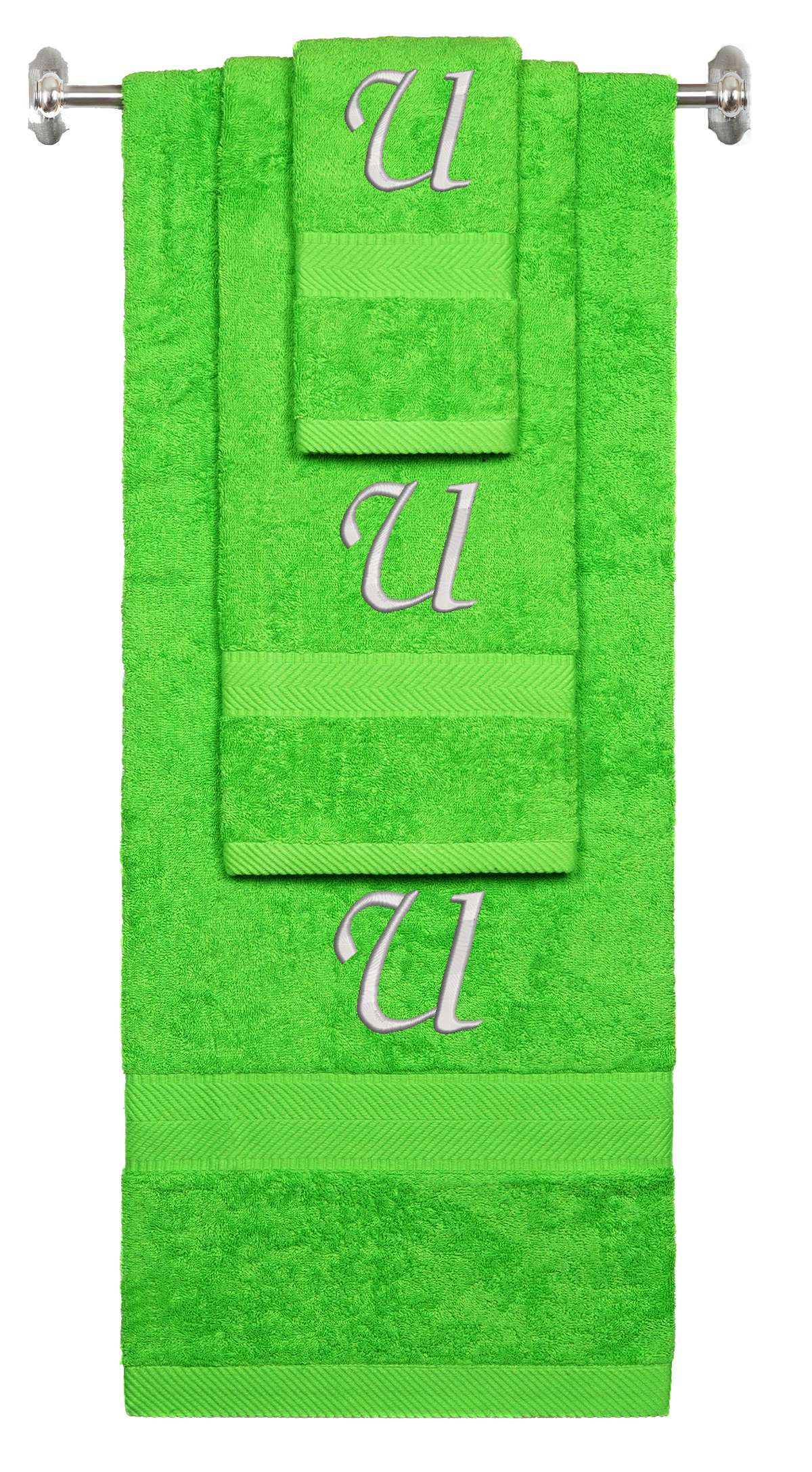 Lime monogrammed towel set with Silver thread, Chancery font, initial U - 540 GSM cotton 3-piece