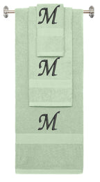 Mint Green monogrammed towel set with Black thread, Chancery font, initial N - 540 GSM cotton 3-piece