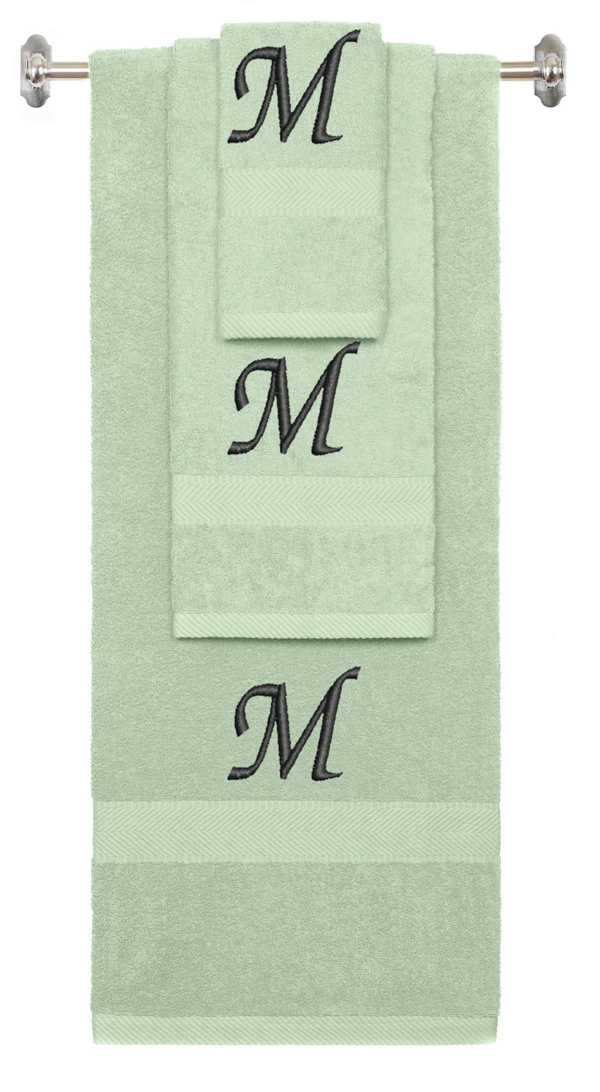 Mint Green monogrammed towel set with Black thread, Chancery font, initial N - 540 GSM cotton 3-piece