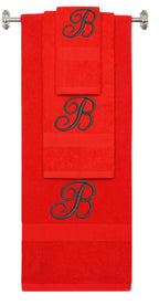 Red monogrammed towel set with Black thread, Diana Script font, initial B - 540 GSM cotton 3-piece