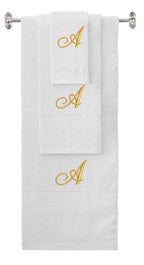 White monogrammed towel set with Gold thread, Diana Script font, initial A - 540 GSM cotton 3-piece
