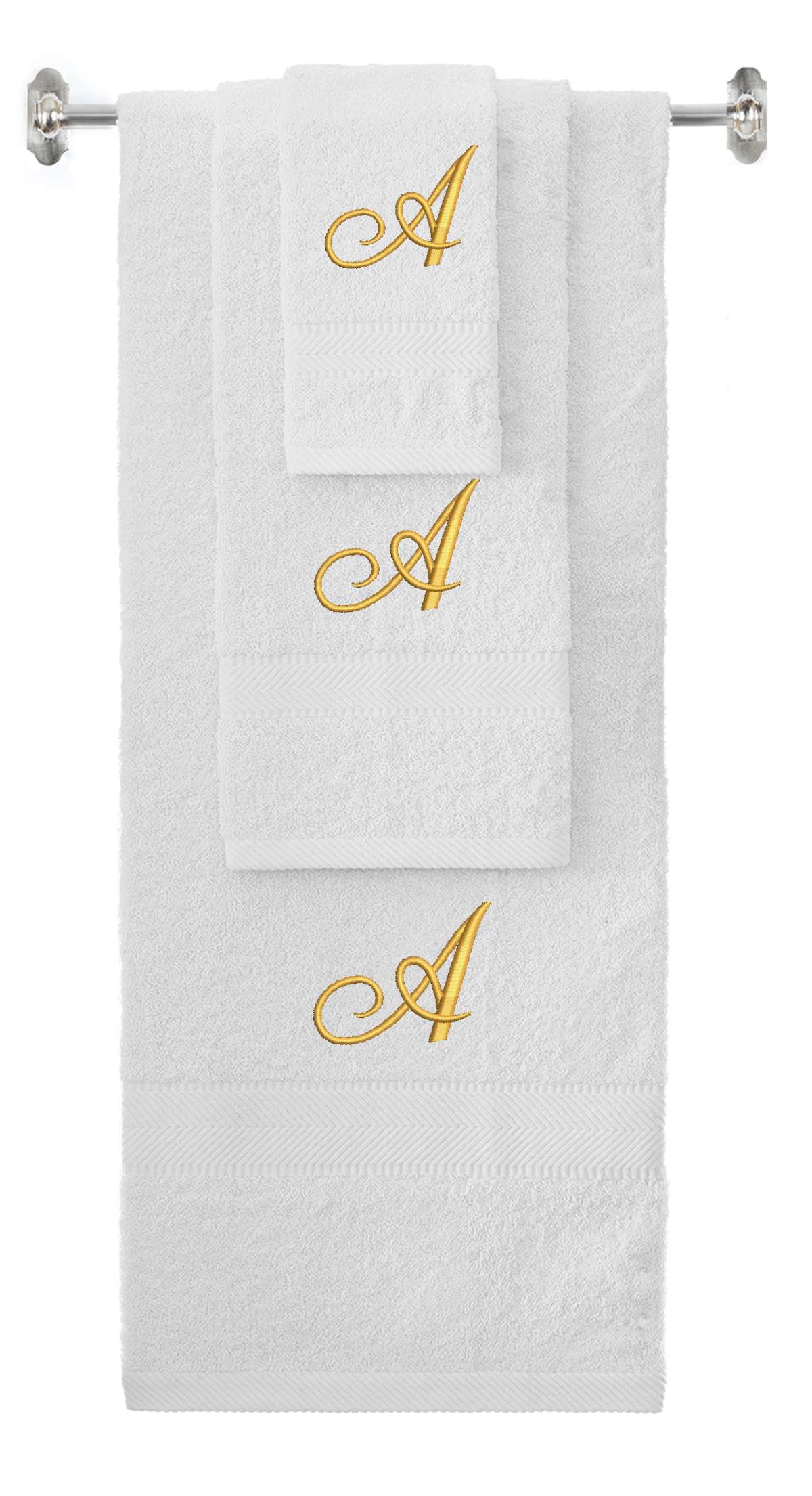 White monogrammed towel set with Gold thread, Diana Script font, initial A - 540 GSM cotton 3-piece