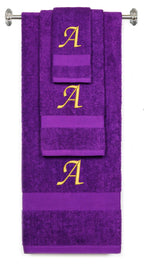 Purple monogrammed towel set with Gold thread, Chancery font, initial A - 540 GSM cotton 3-piece