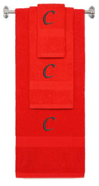 Red monogrammed towel set with Black thread, Chancery font, initial C - 540 GSM cotton 3-piece