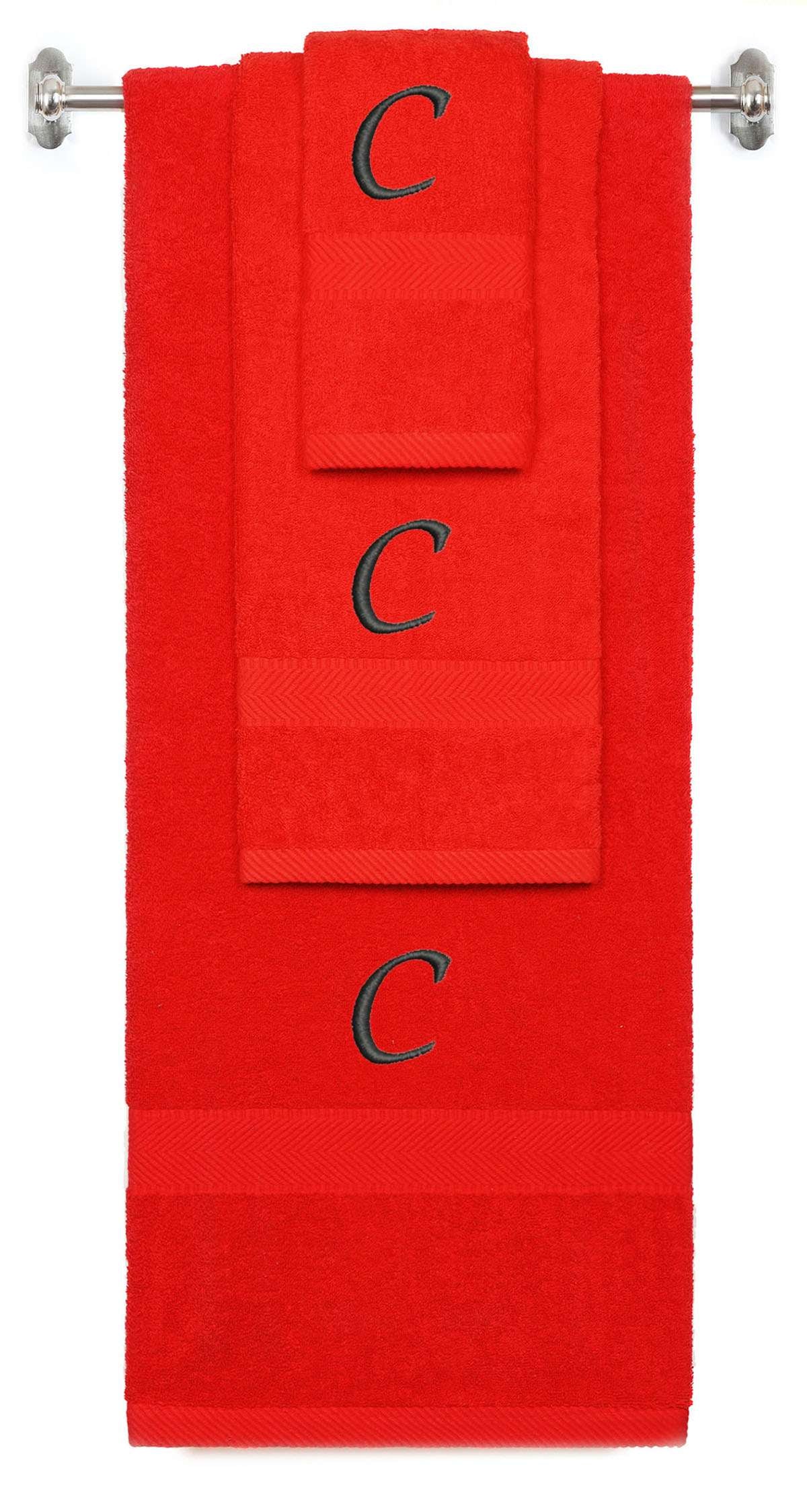 Red monogrammed towel set with Black thread, Chancery font, initial C - 540 GSM cotton 3-piece