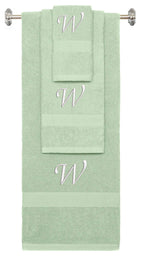 Mint Green monogrammed towel set with White thread, Chancery font, initial W - 540 GSM cotton 3-piece