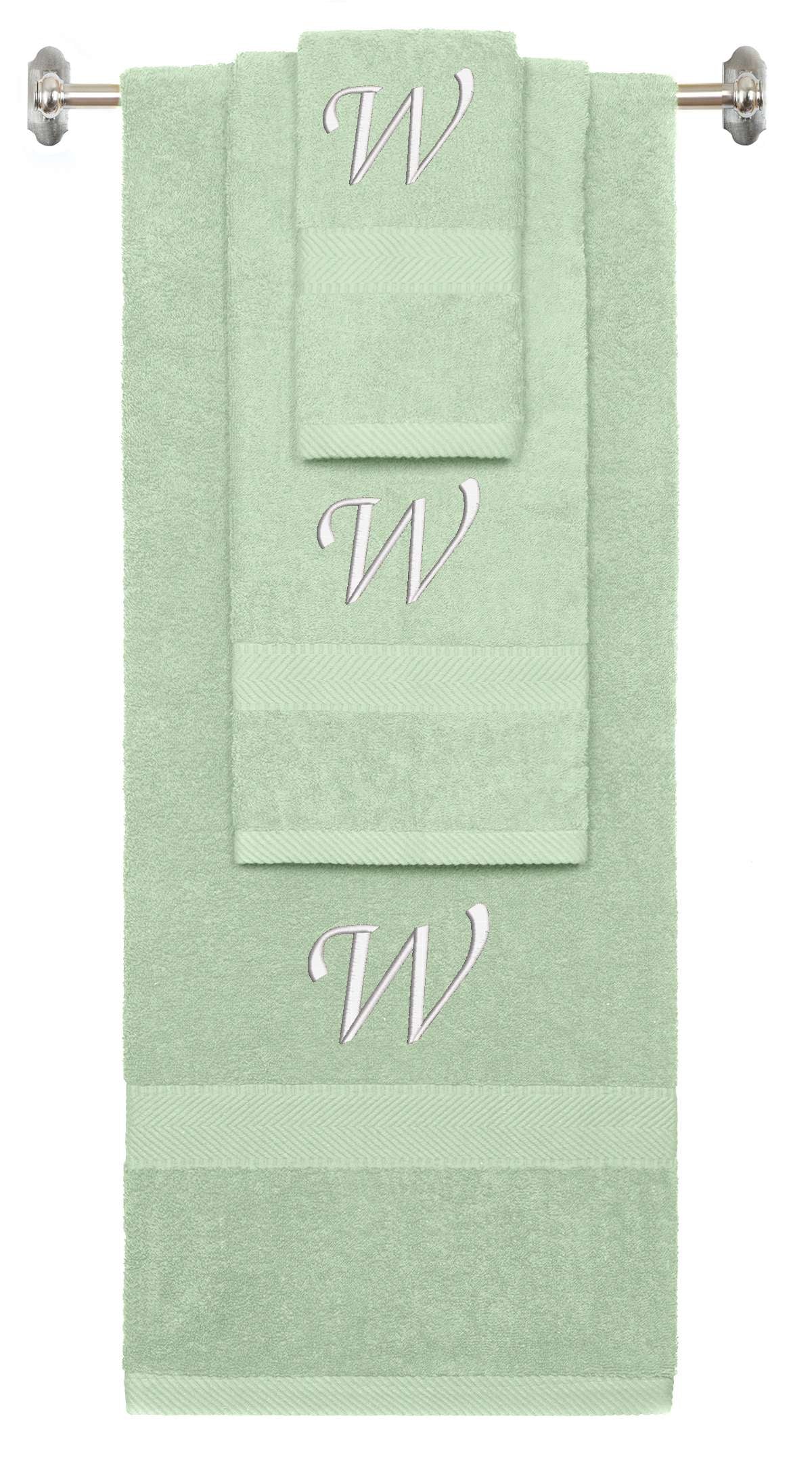 Mint Green monogrammed towel set with White thread, Chancery font, initial W - 540 GSM cotton 3-piece