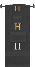 Charcoal monogrammed towel set with Gold thread, Times New Roman font, initial H - 540 GSM cotton 3-piece