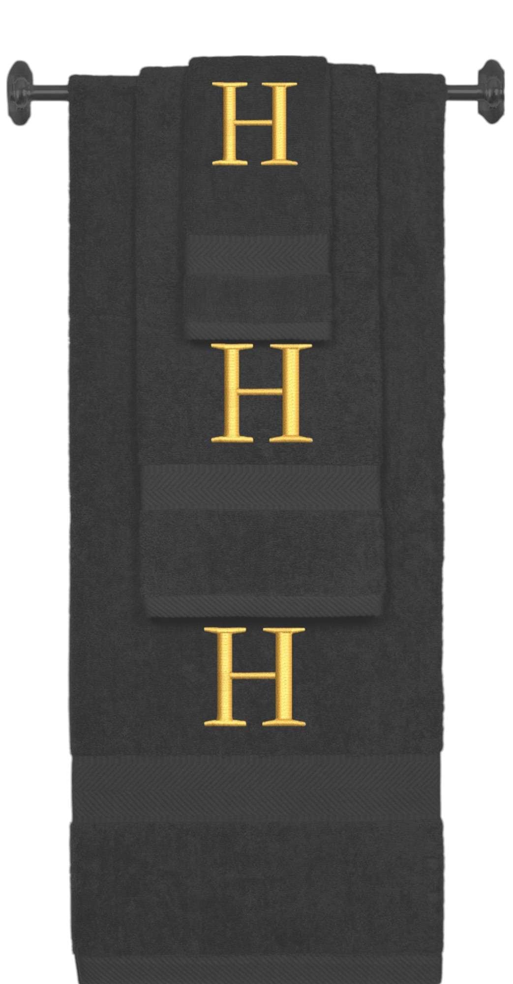 Charcoal monogrammed towel set with Gold thread, Times New Roman font, initial H - 540 GSM cotton 3-piece