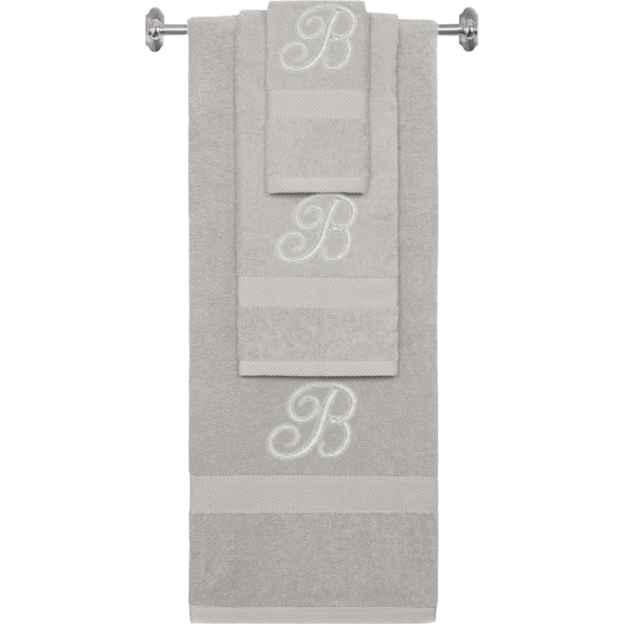 Silver monogrammed towel set with Silver thread, Diana Script font, initial B - 540 GSM cotton 3-piece