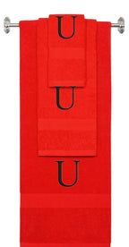 Red monogrammed towel set with Black thread, Times New Roman font, initial U - 540 GSM cotton 3-piece