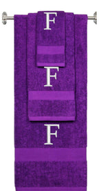 Purple monogrammed towel set with Silver thread, Times New Roman font, initial F - 540 GSM cotton 3-piece