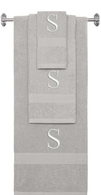 Silver monogrammed towel set with Silver thread, Times New Roman font, initial S - 540 GSM cotton 3-piece