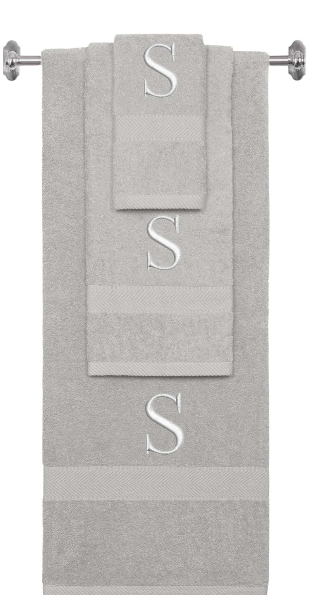 Silver monogrammed towel set with Silver thread, Times New Roman font, initial S - 540 GSM cotton 3-piece