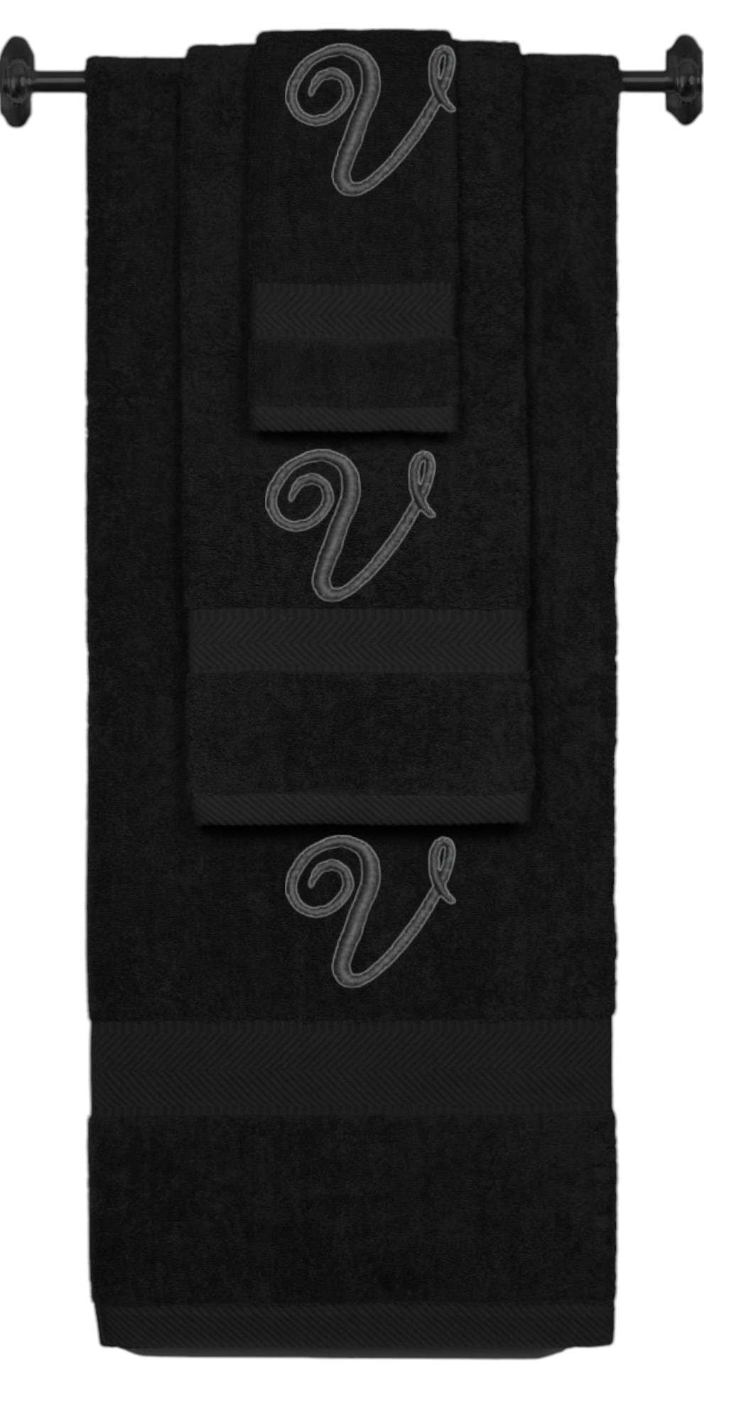 Black monogrammed towel set with Black thread, Diana Script font, initial V - 540 GSM cotton 3-piece