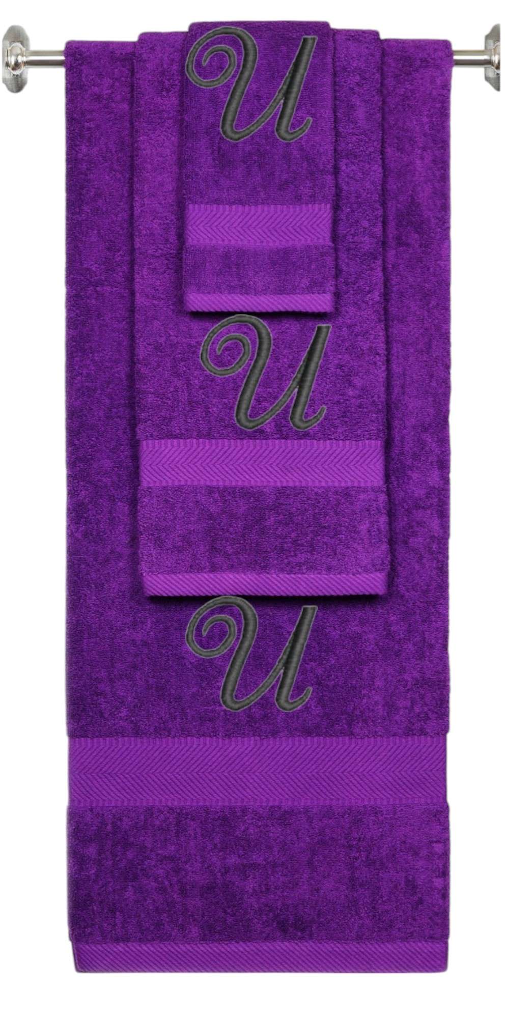 Purple monogrammed towel set with Black thread, Diana Script font, initial U - 540 GSM cotton 3-piece