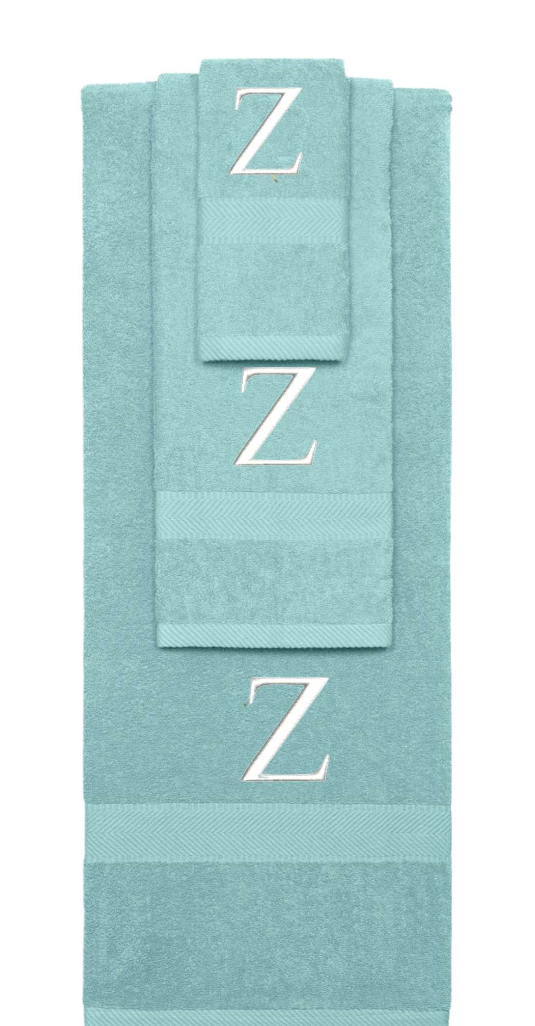 Nautical Teal monogrammed towel set with White thread, Times New Roman font, initial Z - 540 GSM cotton 3-piece