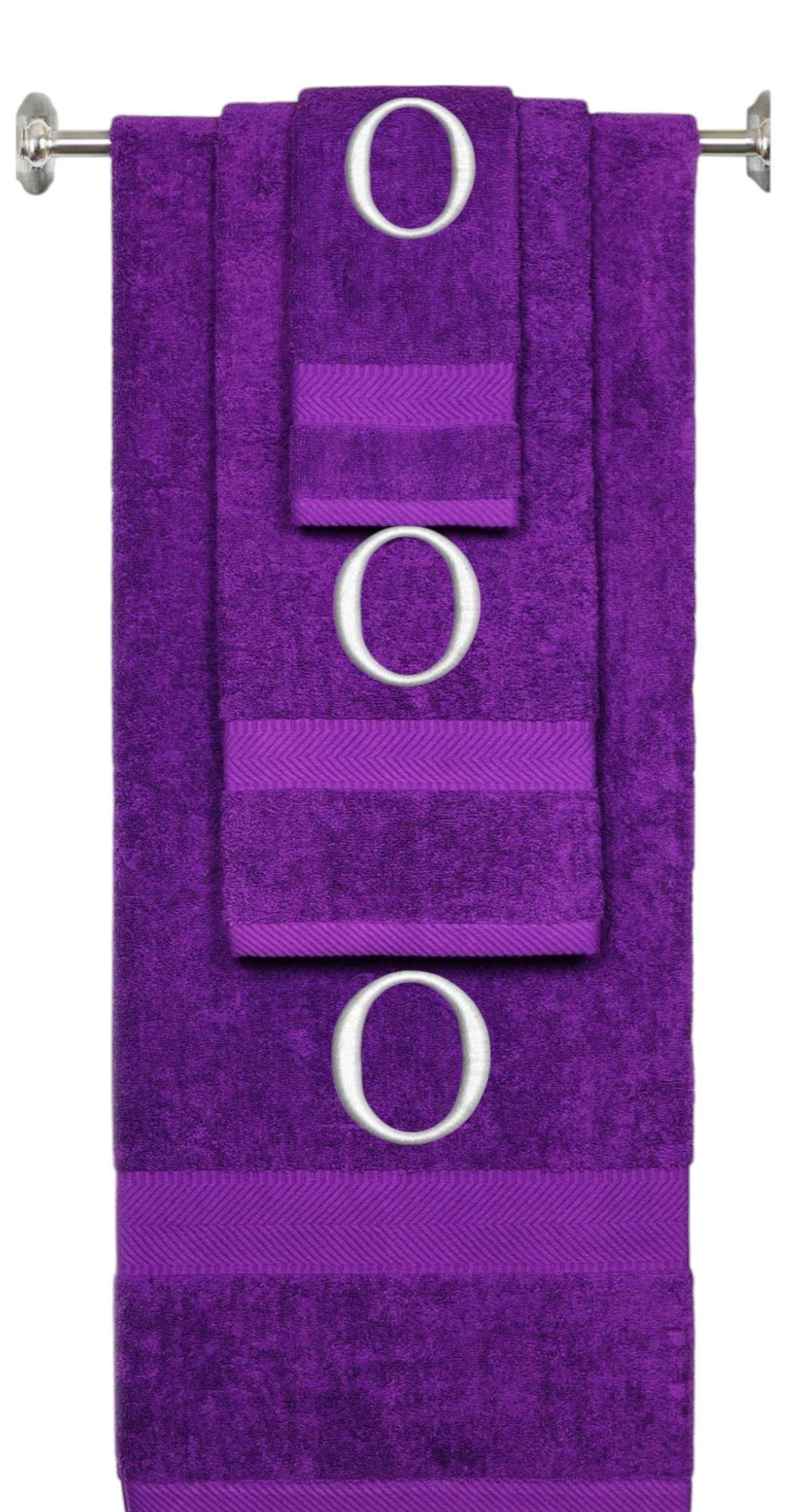 Purple monogrammed towel set with Silver thread, Times New Roman font, initial O - 540 GSM cotton 3-piece