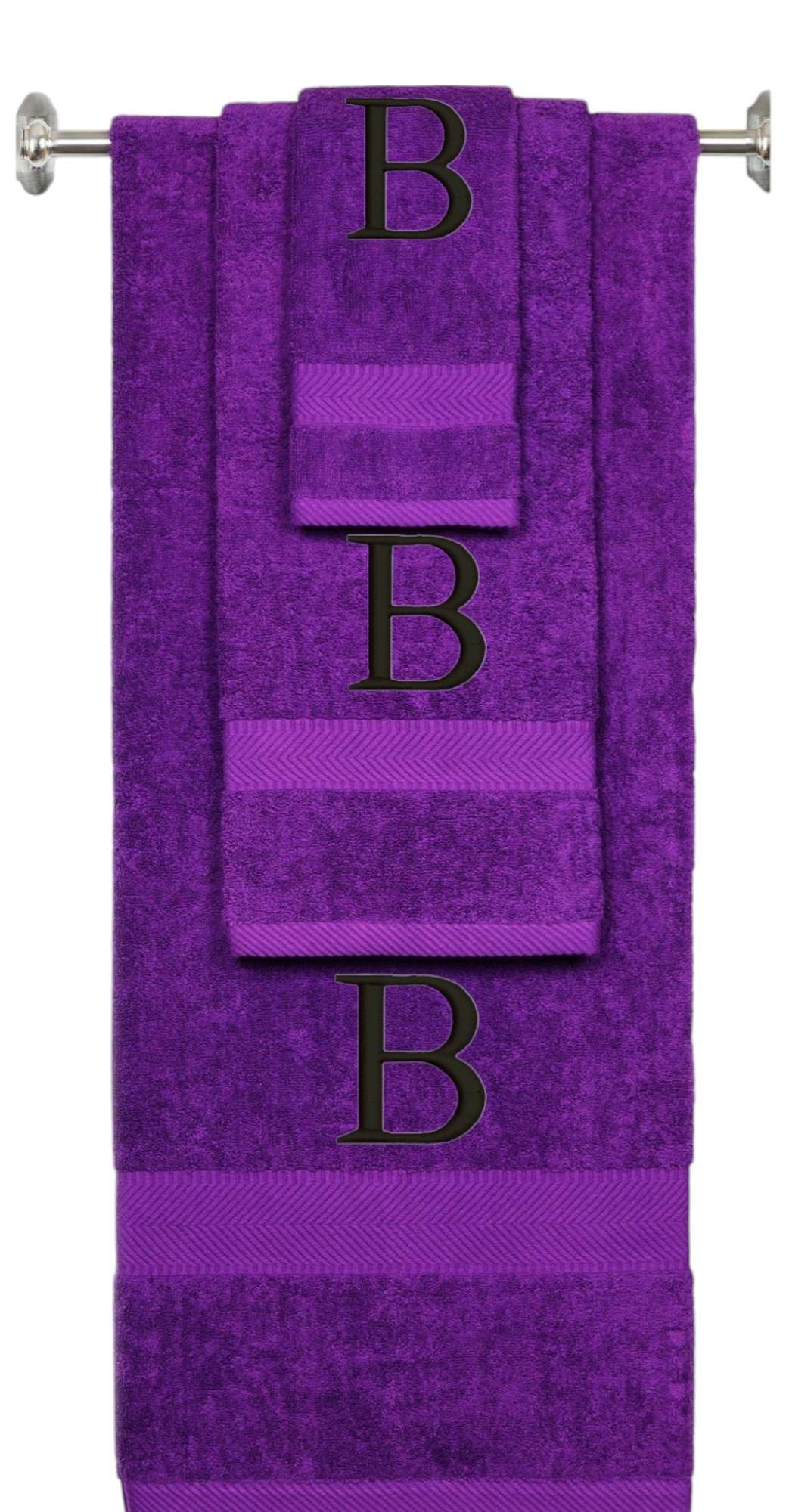 Purple monogrammed towel set with Gold thread, Times New Roman font, initial B - 540 GSM cotton 3-piece