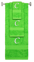 Lime monogrammed towel set with White thread, Chancery font, initial C - 540 GSM cotton 3-piece