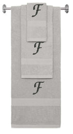 Silver monogrammed towel set with Black thread, Chancery font, initial F - 540 GSM cotton 3-piece