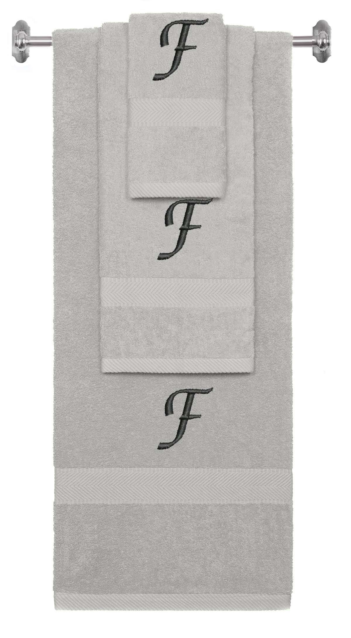Silver monogrammed towel set with Black thread, Chancery font, initial F - 540 GSM cotton 3-piece