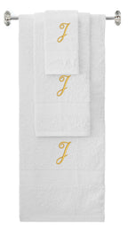 White monogrammed towel set with Gold thread, Diana Script font, initial J - 540 GSM cotton 3-piece