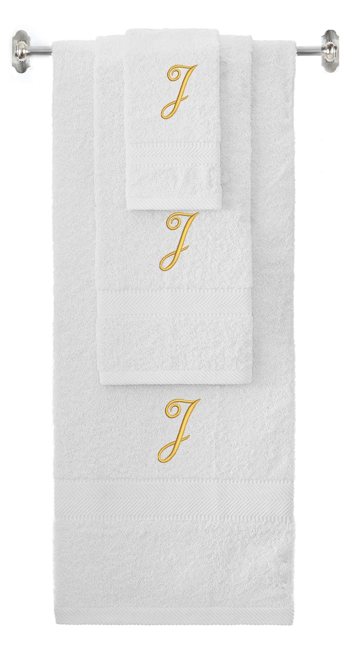 White monogrammed towel set with Gold thread, Diana Script font, initial J - 540 GSM cotton 3-piece