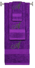 Purple monogrammed towel set with Black thread, Diana Script font, initial A - 540 GSM cotton 3-piece
